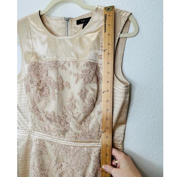 BCBGMAXAZRIA Tan Satin & Floral Lace Round Neck Mini Dress 6 - Picture 10 of 13
